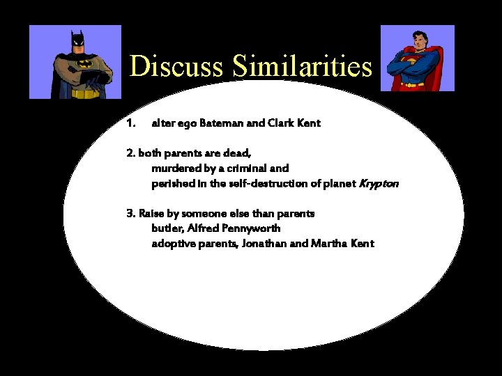 Discuss Similarities 1. alter ego Bateman and Clark Kent 2. both parents are dead,