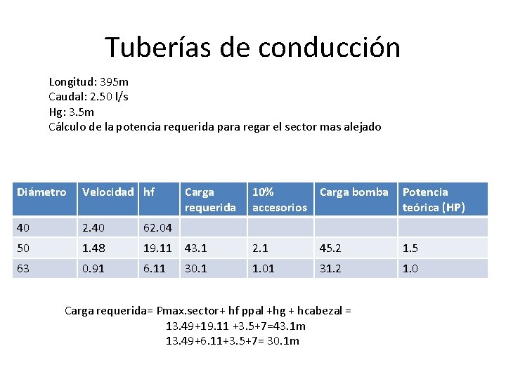 Tuberías de conducción Longitud: 395 m Caudal: 2. 50 l/s Hg: 3. 5 m