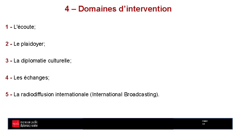 4 – Domaines d’intervention 1 - L'écoute; 2 - Le plaidoyer; 3 - La