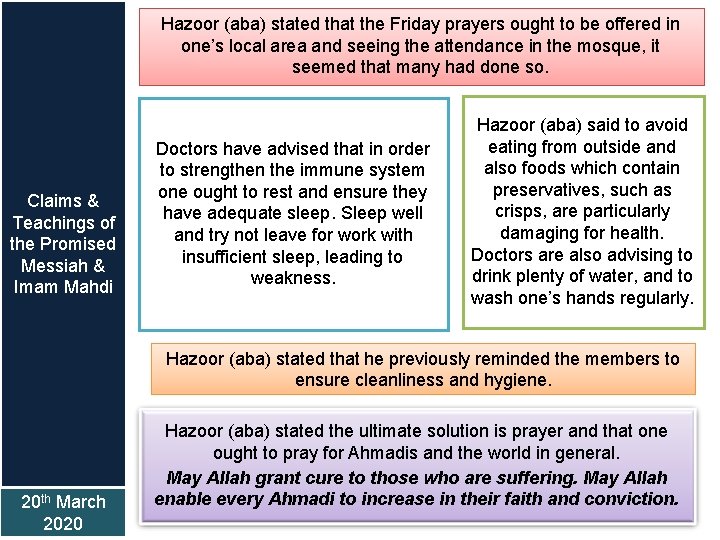Hazoor (aba) stated that the Friday prayers ought to be offered in one’s local