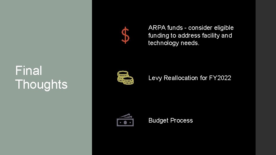 ARPA funds - consider eligible funding to address facility and technology needs. Final Thoughts