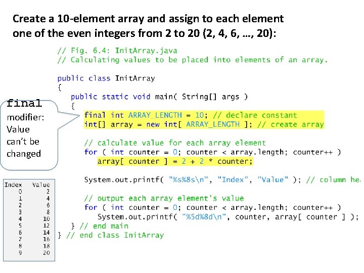 Create a 10 -element array and assign to each element one of the even