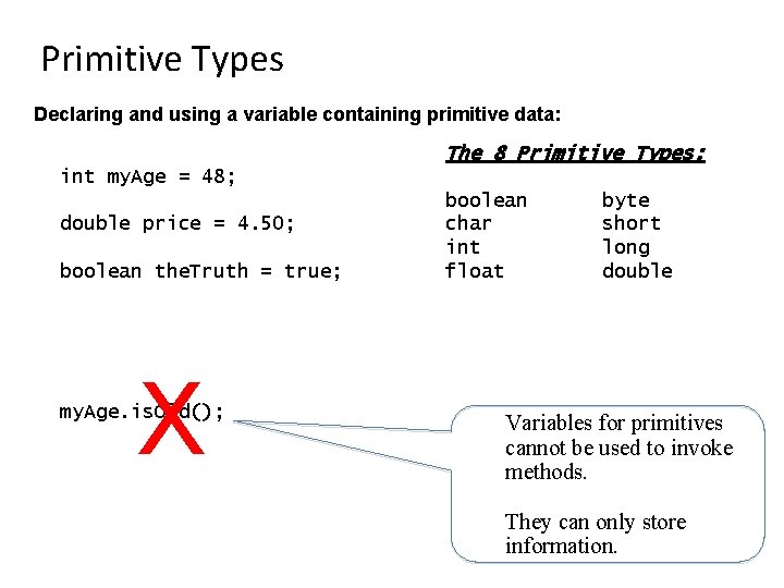 Primitive Types Declaring and using a variable containing primitive data: The 8 Primitive Types: