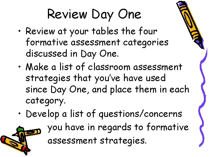 Review Day One • Review at your tables the four formative assessment categories discussed Review Day One • Review at your tables the four formative assessment categories discussed