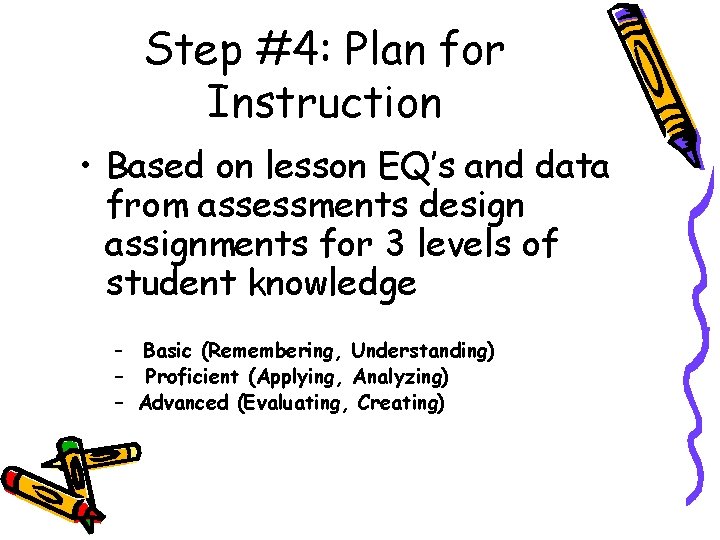Step #4: Plan for Instruction • Based on lesson EQ’s and data from assessments Step #4: Plan for Instruction • Based on lesson EQ’s and data from assessments