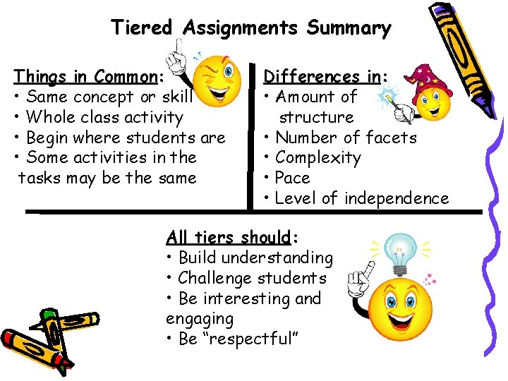 Tiered Assignments Summary Things in Common: • Same concept or skill • Whole class Tiered Assignments Summary Things in Common: • Same concept or skill • Whole class