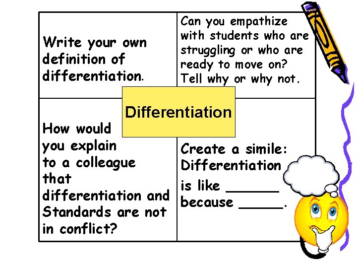 Write your own definition of differentiation. Can you empathize with students who are struggling Write your own definition of differentiation. Can you empathize with students who are struggling