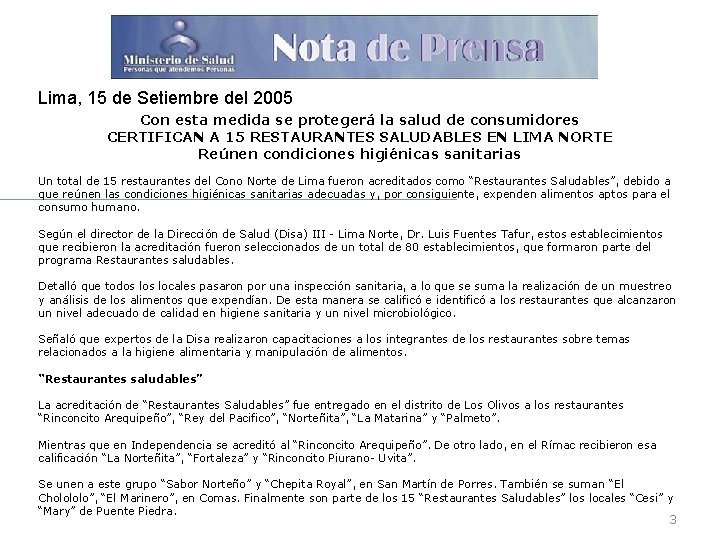 Lima, 15 de Setiembre del 2005 Con esta medida se protegerá la salud de Lima, 15 de Setiembre del 2005 Con esta medida se protegerá la salud de