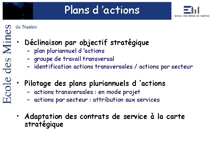 Plans d ’actions • Déclinaison par objectif stratégique – plan pluriannuel d ’actions –