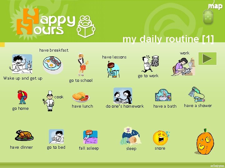 map my daily routine [1] have breakfast work have lessons Wake up and get