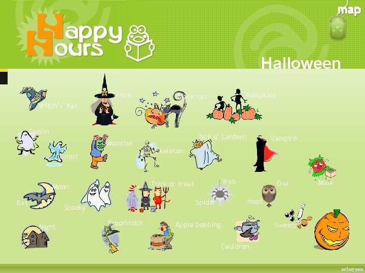 map Halloween Witch Pumpkins Black cat Witch’s hat Goblin Monster Ghost Night Web Spider