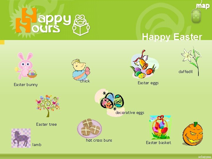 map Happy Easter daffodil Easter bunny chick Easter eggs decorative eggs Easter tree lamb