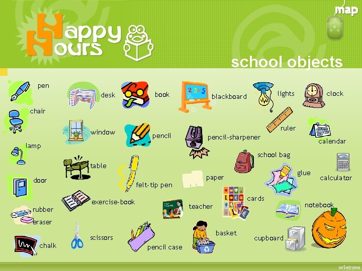 map school objects pen desk book lights blackboard clock chair window pencil ruler pencil-sharpener