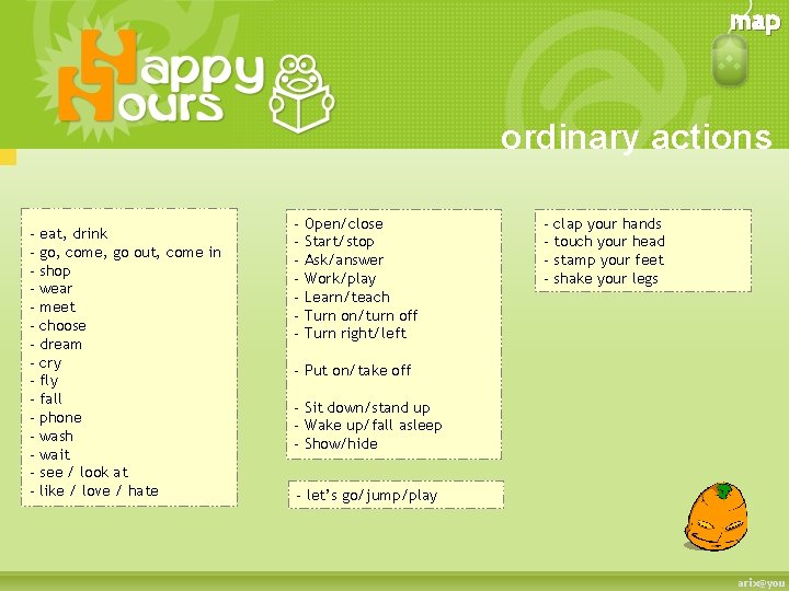 map ordinary actions - eat, drink - go, come, go out, come in -