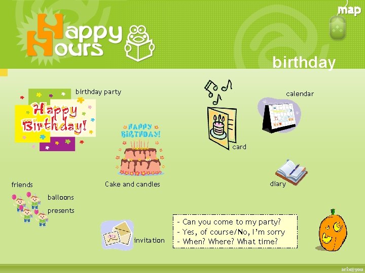 map birthday party calendar card Cake and candles friends diary balloons presents invitation -