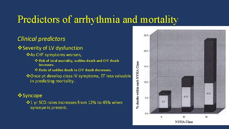 Predictors of arrhythmia and mortality Clinical predictors v. Severity of LV dysfunction v. As