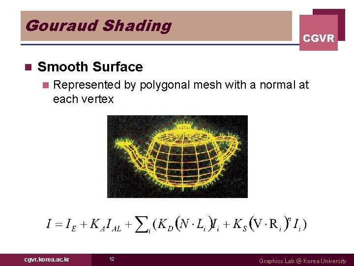 Gouraud Shading n CGVR Smooth Surface n Represented by polygonal mesh with a normal