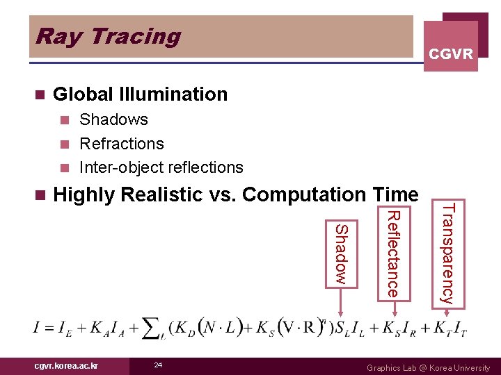 Ray Tracing n CGVR Global Illumination Shadows n Refractions n Inter-object reflections n Highly