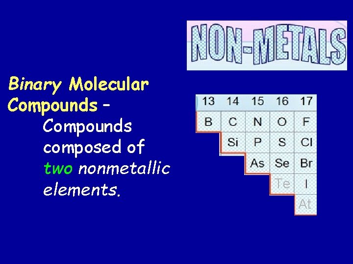 Binary Molecular Compounds – Compounds composed of two nonmetallic elements. Te At 