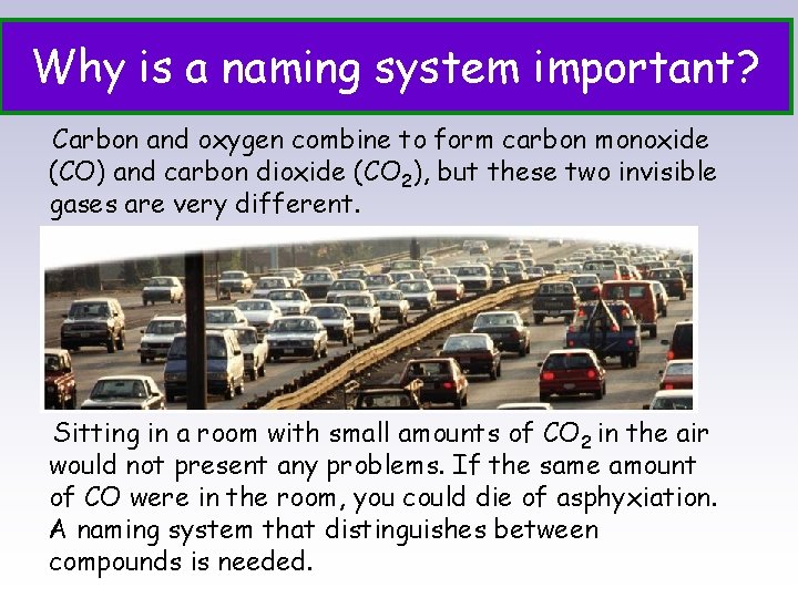 Why is a naming system important? Carbon and oxygen combine to form carbon monoxide