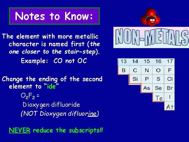 Notes to Know: The element with more metallic character is named first (the one