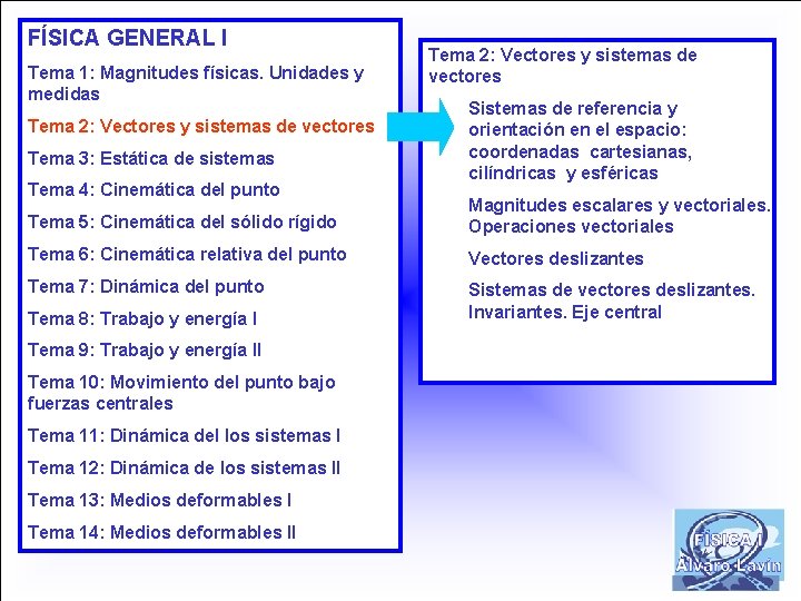 FÍSICA GENERAL I Tema 1: Magnitudes físicas. Unidades y medidas Tema 2: Vectores y