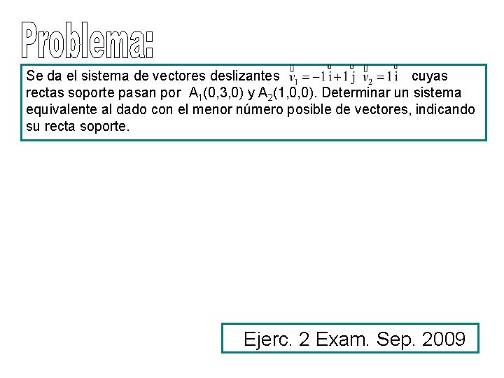 Se da el sistema de vectores deslizantes cuyas rectas soporte pasan por A 1(0,