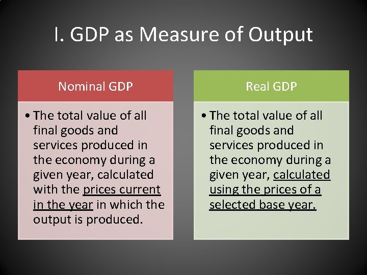 I. GDP as Measure of Output Nominal GDP • The total value of all