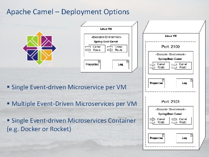 Apache Camel – Deployment Options § Single Event-driven Microservice per VM § Multiple Event-Driven Apache Camel – Deployment Options § Single Event-driven Microservice per VM § Multiple Event-Driven