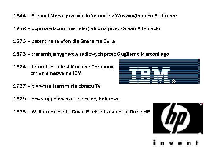 1844 – Samuel Morse przesyła informację z Waszyngtonu do Baltimore 1858 – poprowadzono linie