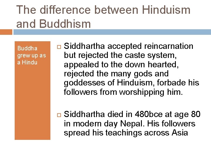 The difference between Hinduism and Buddhism Buddha grew up as a Hindu Siddhartha accepted