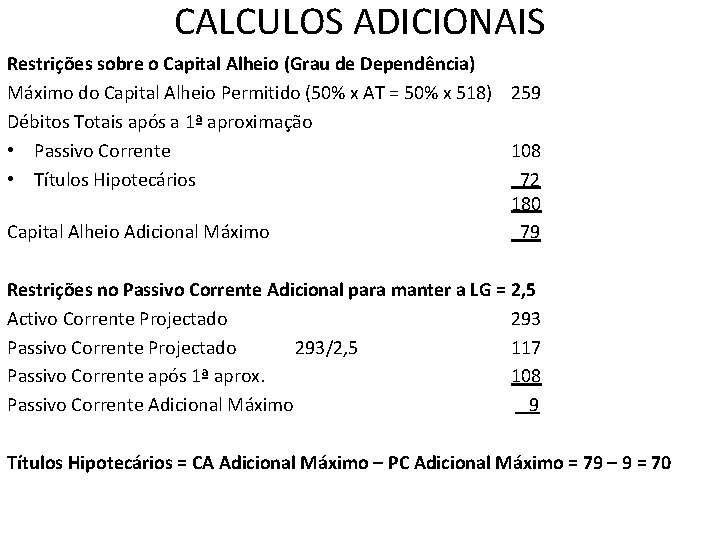 CALCULOS ADICIONAIS Restrições sobre o Capital Alheio (Grau de Dependência) Máximo do Capital Alheio