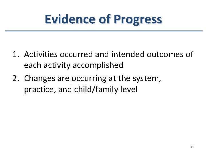 Evidence of Progress 1. Activities occurred and intended outcomes of each activity accomplished 2. Evidence of Progress 1. Activities occurred and intended outcomes of each activity accomplished 2.