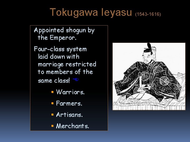 Tokugawa Ieyasu (1543 -1616) Appointed shogun by the Emperor. Four-class system laid down with