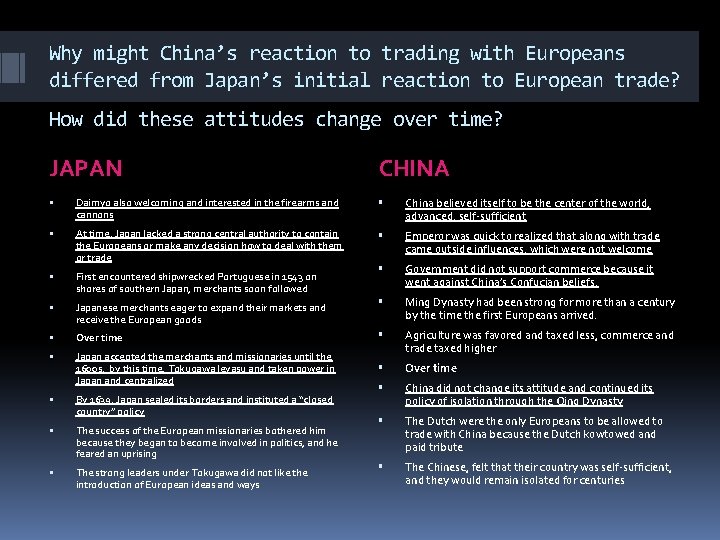 Why might China’s reaction to trading with Europeans differed from Japan’s initial reaction to