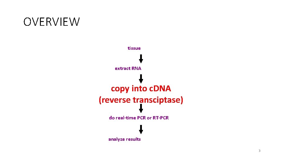 OVERVIEW tissue extract RNA copy into c. DNA (reverse transciptase) do real-time PCR or