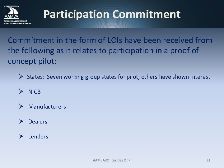 Participation Commitment in the form of LOIs have been received from the following as