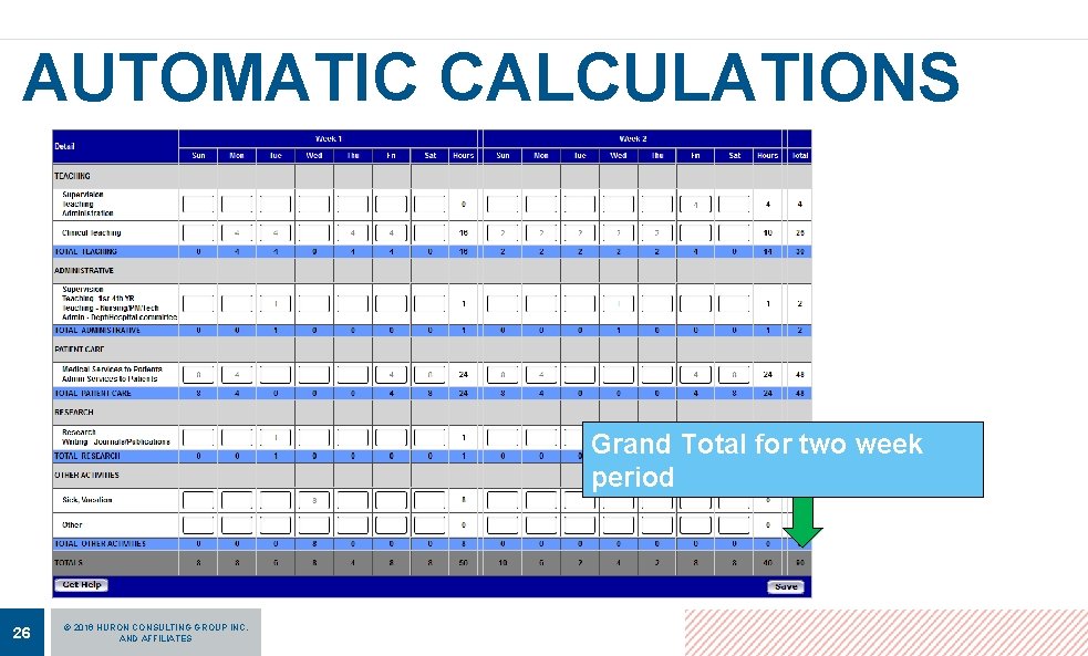 AUTOMATIC CALCULATIONS Grand Total for two week period 26 © 2016 HURON CONSULTING GROUP AUTOMATIC CALCULATIONS Grand Total for two week period 26 © 2016 HURON CONSULTING GROUP