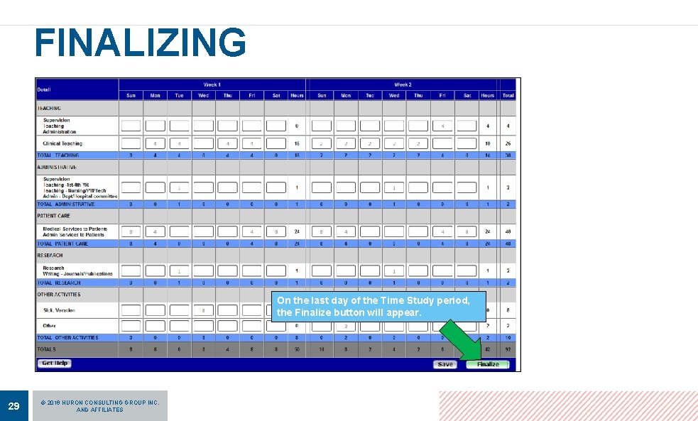 FINALIZING On the last day of the Time Study period, the Finalize button will