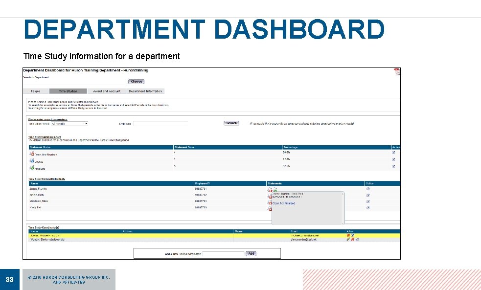 DEPARTMENT DASHBOARD Time Study information for a department 33 © 2016 HURON CONSULTING GROUP