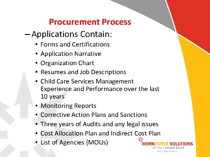 Procurement Process – Applications Contain: • • • Forms and Certifications Application Narrative Organization