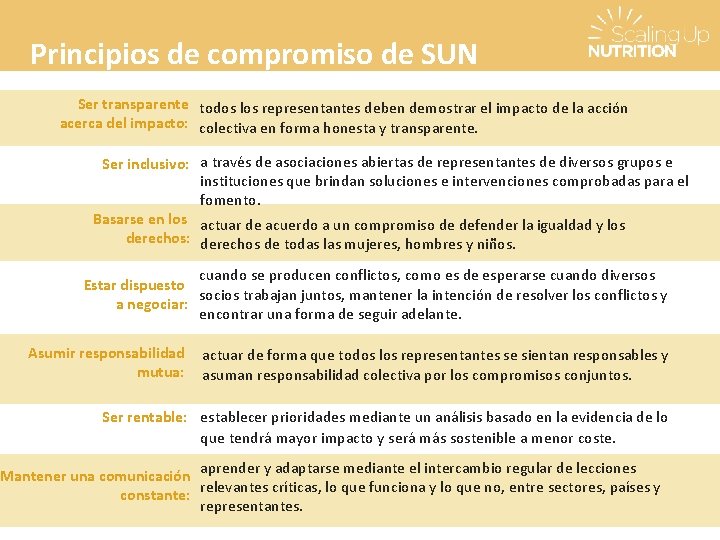 Principios de compromiso de SUN Ser transparente todos los representantes deben demostrar el impacto