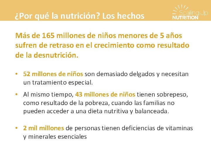 ¿Por qué la nutrición? Los hechos Más de 165 millones de niños menores de