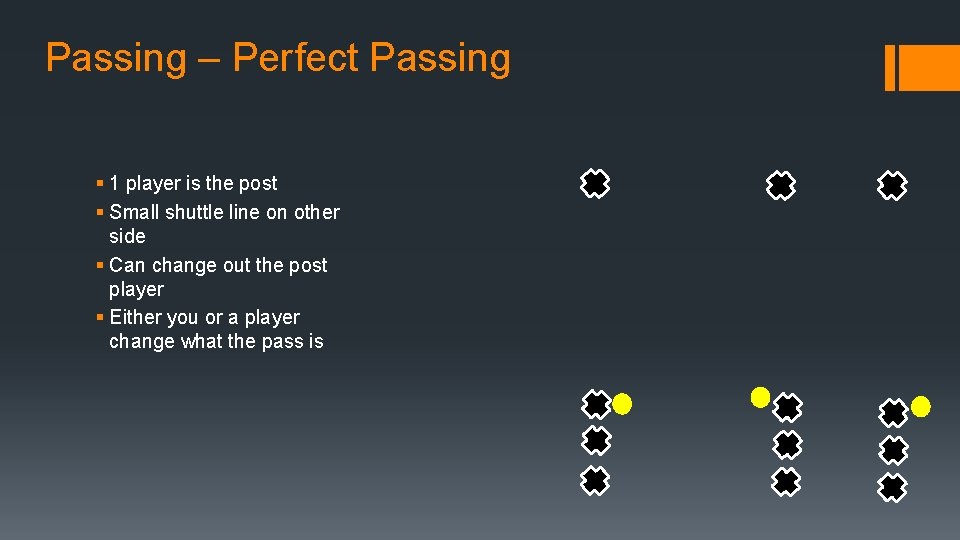 Passing – Perfect Passing § 1 player is the post § Small shuttle line