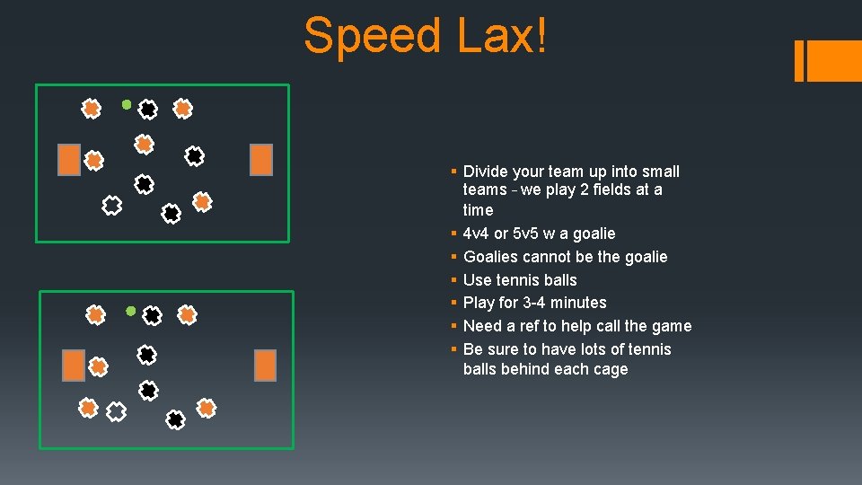 Speed Lax! § Divide your team up into small teams – we play 2