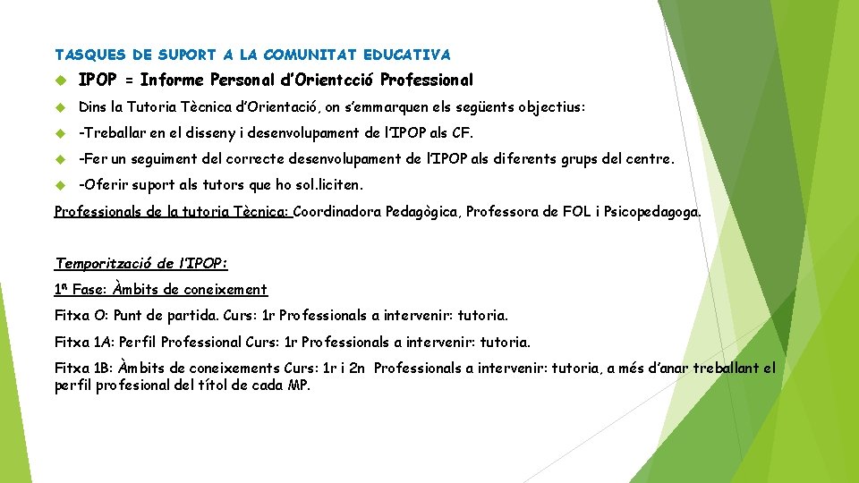 TASQUES DE SUPORT A LA COMUNITAT EDUCATIVA IPOP = Informe Personal d’Orientcció Professional Dins
