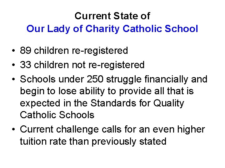 Current State of Our Lady of Charity Catholic School • 89 children re-registered •