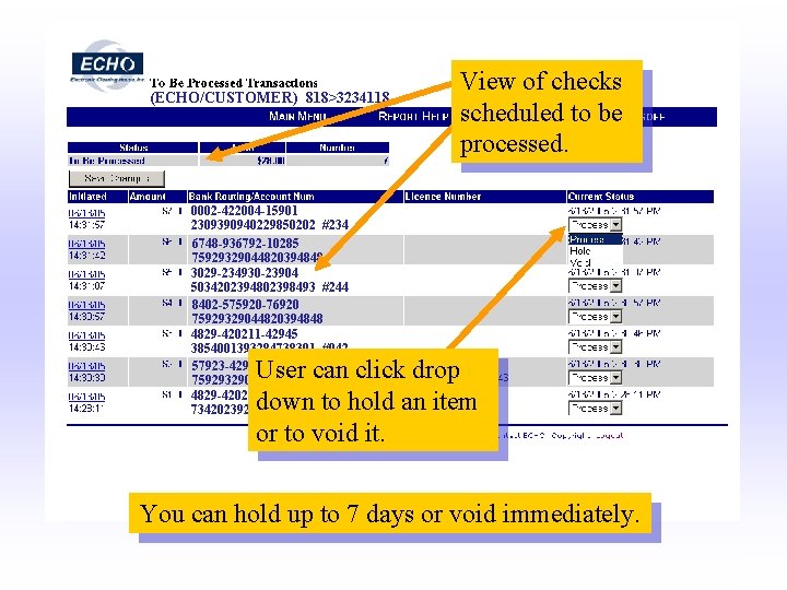 (ECHO/CUSTOMER) 818>3234118 View of checks scheduled to be processed. 0002 -422004 -15901 2309390940229850202 #234