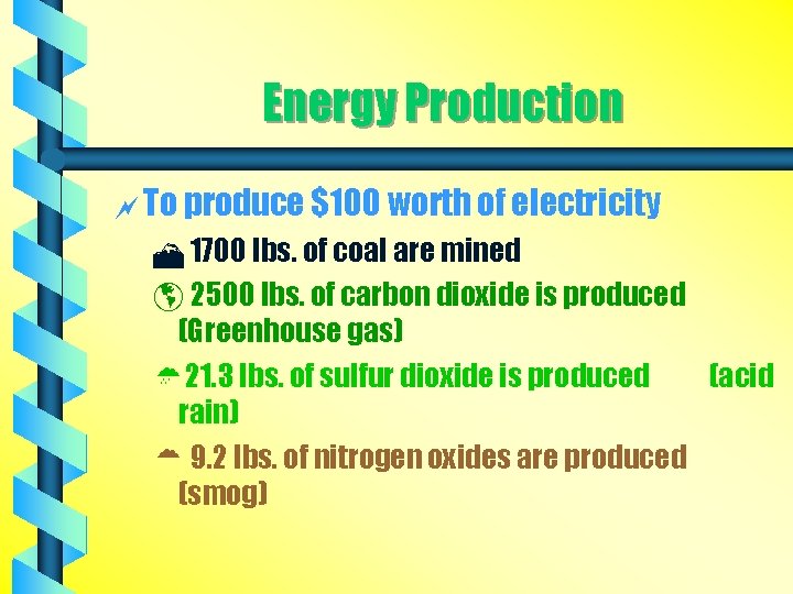 Energy Production ~ To produce $100 worth of electricity M 1700 lbs. of coal