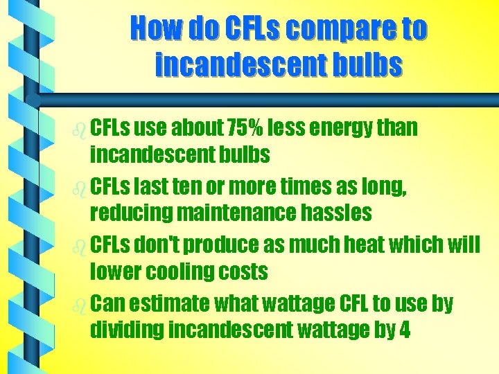 How do CFLs compare to incandescent bulbs b CFLs use about 75% less energy